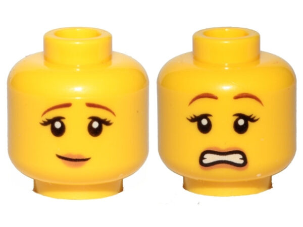 Female Brown Eyebrows, Peach Lips, Pensive Smile / Scared Pattern (Yellow) - Official LEGO® Minifigure Head - Image 2